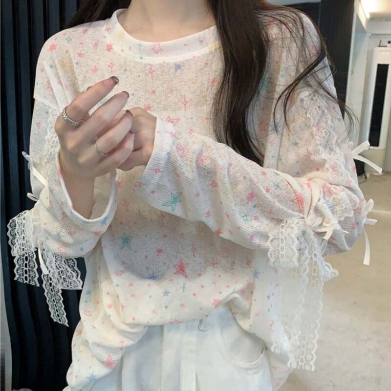 Stilīgs caurspīdīgs T-krekls ar garām piedurknēm Bowknot Butterfly Mežģīnes Cover Up Topi Saules aizsargkrēms apaļa kakla apkakle Star Dot Pullover Streetwear