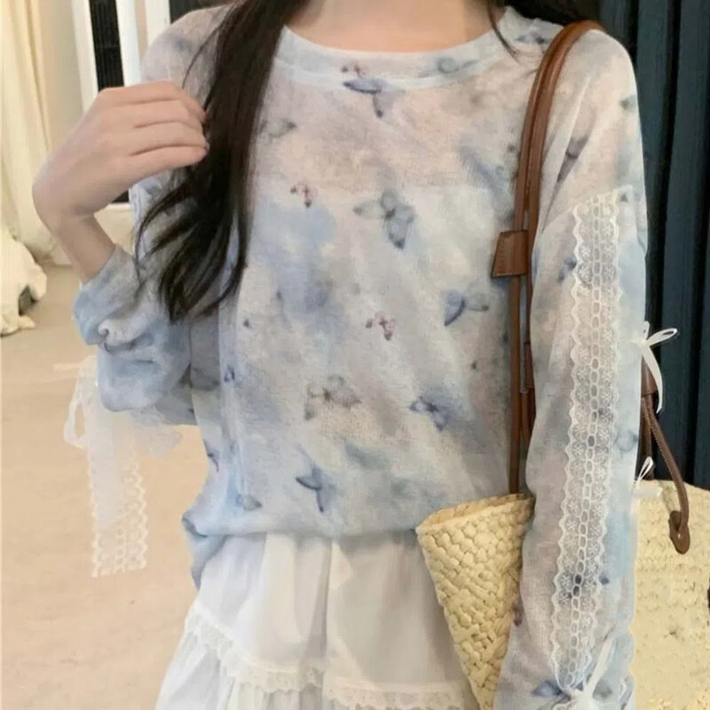 Stilīgs caurspīdīgs T-krekls ar garām piedurknēm Bowknot Butterfly Mežģīnes Cover Up Topi Saules aizsargkrēms apaļa kakla apkakle Star Dot Pullover Streetwear