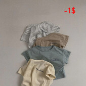 MiniAinis Summer New Baby Svītrains ar īsām piedurknēm T-krekls Meitenēm Apakškrekls ar burtiem Zēniem O veida kakla kokvilnas ikdienas mīkstie topi