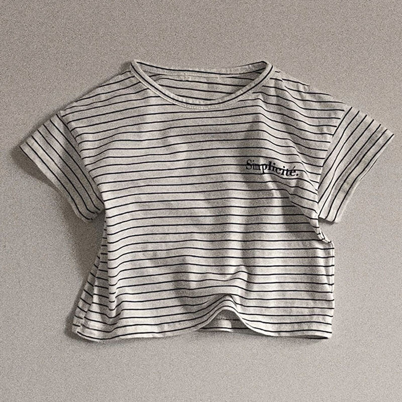 MiniAinis Summer New Baby Svītrains ar īsām piedurknēm T-krekls Meitenēm Apakškrekls ar burtiem Zēniem O veida kakla kokvilnas ikdienas mīkstie topi