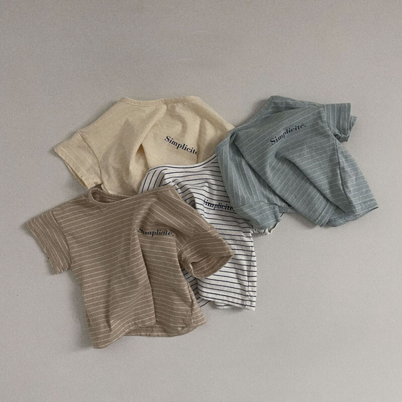 MiniAinis Summer New Baby Svītrains ar īsām piedurknēm T-krekls Meitenēm Apakškrekls ar burtiem Zēniem O veida kakla kokvilnas ikdienas mīkstie topi