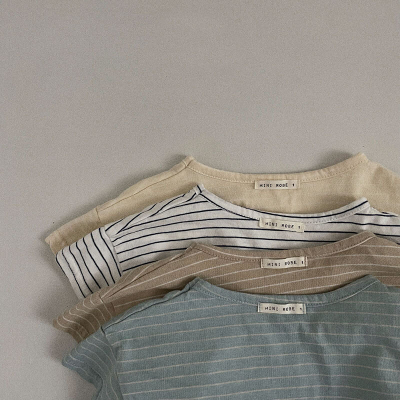 MiniAinis Summer New Baby Svītrains ar īsām piedurknēm T-krekls Meitenēm Apakškrekls ar burtiem Zēniem O veida kakla kokvilnas ikdienas mīkstie topi