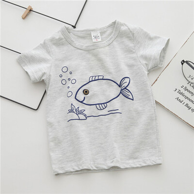 Zēniem ar īsām piedurknēm T-krekli Kokvilnas zēnu apģērbi Bērnu Tkrekls Karikatūra Zivis Ikdienas Tops Mazuļu vasaras pirmās dzimšanas dienas zēnu drēbes