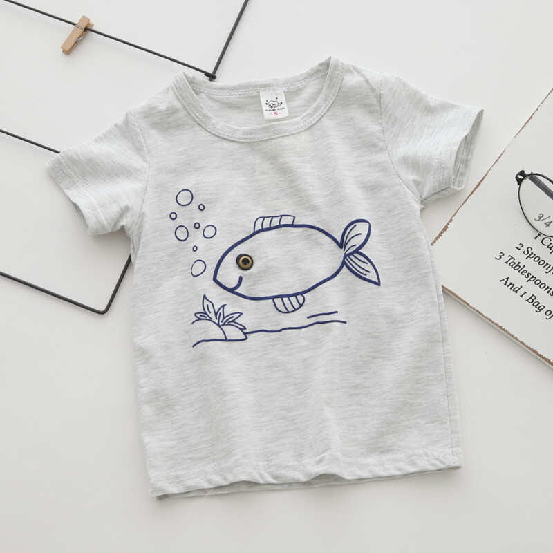 Zēniem ar īsām piedurknēm T-krekli Kokvilnas zēnu apģērbi Bērnu Tkrekls Karikatūra Zivis Ikdienas Tops Mazuļu vasaras pirmās dzimšanas dienas zēnu drēbes