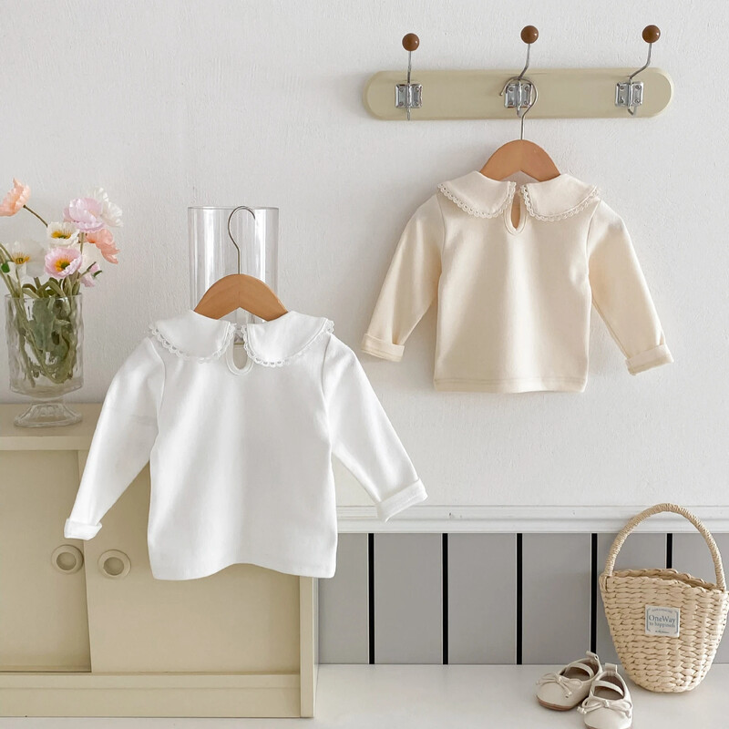 Korejas stila bērnu pavasara tops — vienkrāsains kokvilnas T-krekls maziem bērniem, mīksts un ērts t-krekls ar garām piedurknēm meitenēm