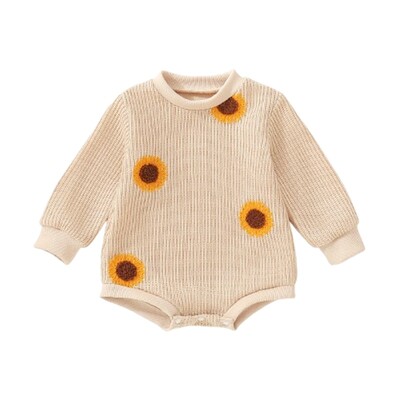 Mazuļu trikotāžas džemperis ar garām piedurknēm apaļš kakla saulespuķu izšuvums džemperis