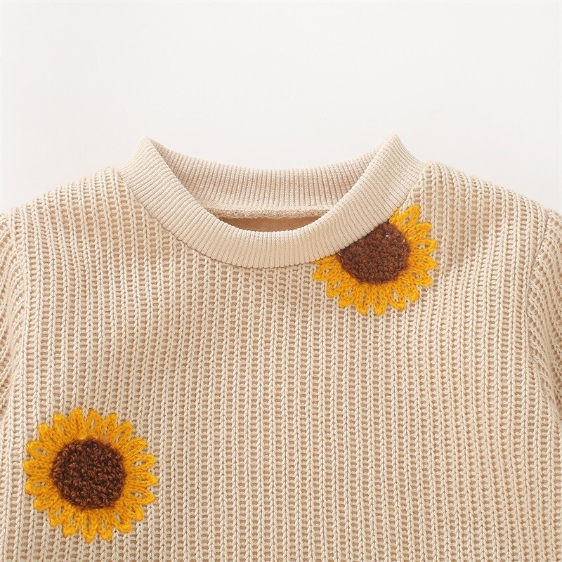 Mazuļu trikotāžas džemperis ar garām piedurknēm apaļš kakla saulespuķu izšuvums džemperis