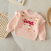 Suefunskry Baby Girl pulóver Fodros, hosszú ujjú, kerek nyakú fagylalt betűs hímzés Kötött pulóver kisgyermek alkalmi felsők