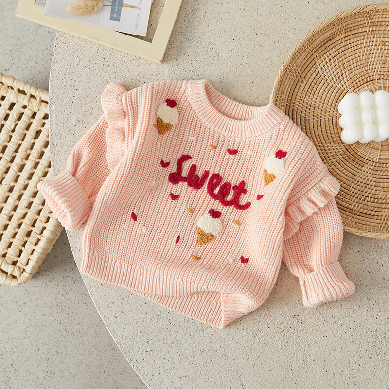 Suefunskry Baby Girl pulóver Fodros, hosszú ujjú, kerek nyakú fagylalt betűs hímzés Kötött pulóver kisgyermek alkalmi felsők