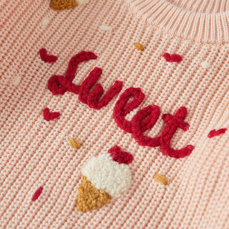 Suefunskry Baby Girl pulóver Fodros, hosszú ujjú, kerek nyakú fagylalt betűs hímzés Kötött pulóver kisgyermek alkalmi felsők