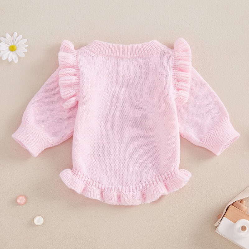 Jaundzimušā meitene trikotāžas džemperis, volāns ar garām piedurknēm ar O veida kakla burtu izšuvumu vienkrāsains džemperis