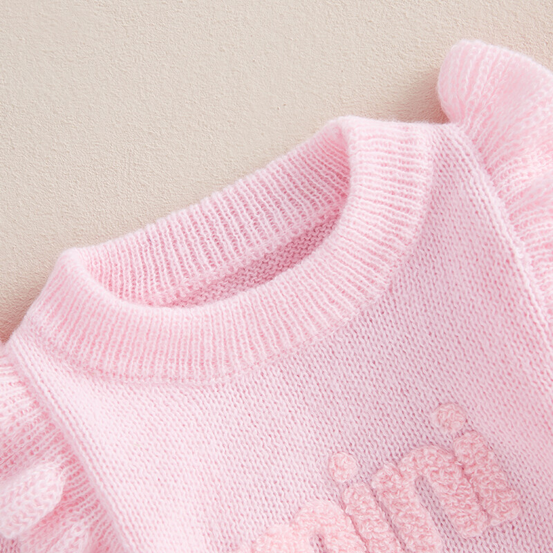 Jaundzimušā meitene trikotāžas džemperis, volāns ar garām piedurknēm ar O veida kakla burtu izšuvumu vienkrāsains džemperis