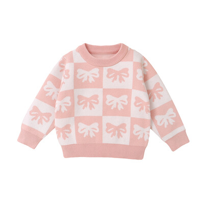 Toddler Girls džemperis Bowknot Print Kontrasts Krāsa Apkakle ar garām piedurknēm Bērnu Puloveri Rudens Apģērbu Topi