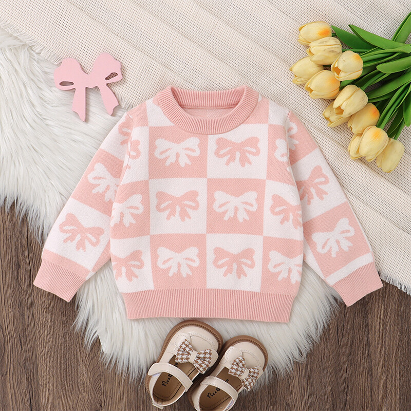 Toddler Girls džemperis Bowknot Print Kontrasts Krāsa Apkakle ar garām piedurknēm Bērnu Puloveri Rudens Apģērbu Topi