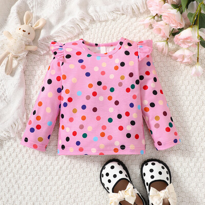 Meiteņu apģērba augšdaļa ar apaļu kakla izgriezumu, garām piedurknēm, rozā punktēta T-krekla augšdaļa, mīksta, ērta, mīļa topiņa 0-3Y