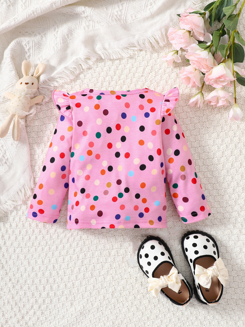 Meiteņu apģērba augšdaļa ar apaļu kakla izgriezumu, garām piedurknēm, rozā punktēta T-krekla augšdaļa, mīksta, ērta, mīļa topiņa 0-3Y