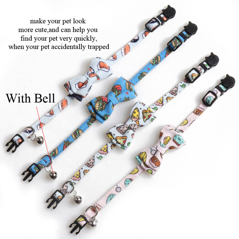 Väikese kassi kaelarihma turvalukk kellukesega kiirvabastusega vibusõlme kitsepaelad, isikupärastatud puuvilja-sõõrikukoogi muster