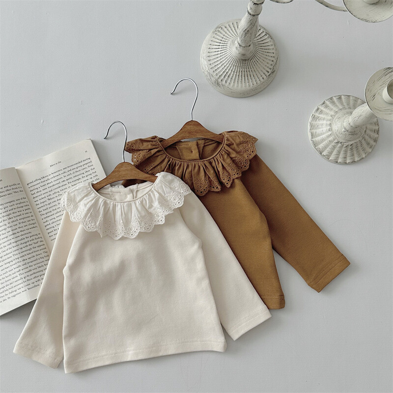 Kislány felsők 24 őszi csecsemő aranyos csipkegallér felső baba lány lótusz levél gallér hosszú ujjú alsó póló
