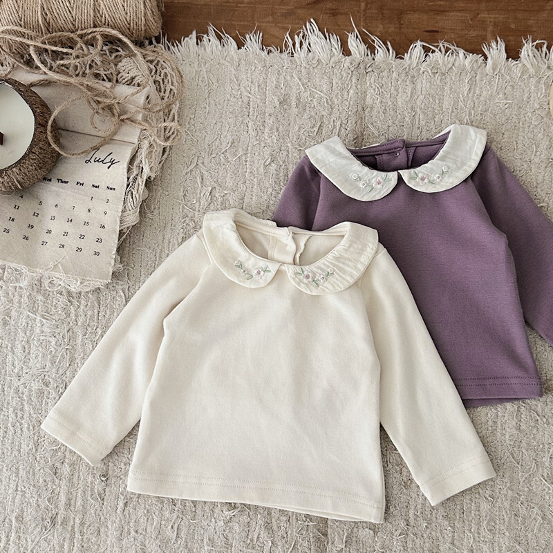Kislány felsők 24 őszi csecsemő aranyos csipkegallér felső baba lány lótusz levél gallér hosszú ujjú alsó póló