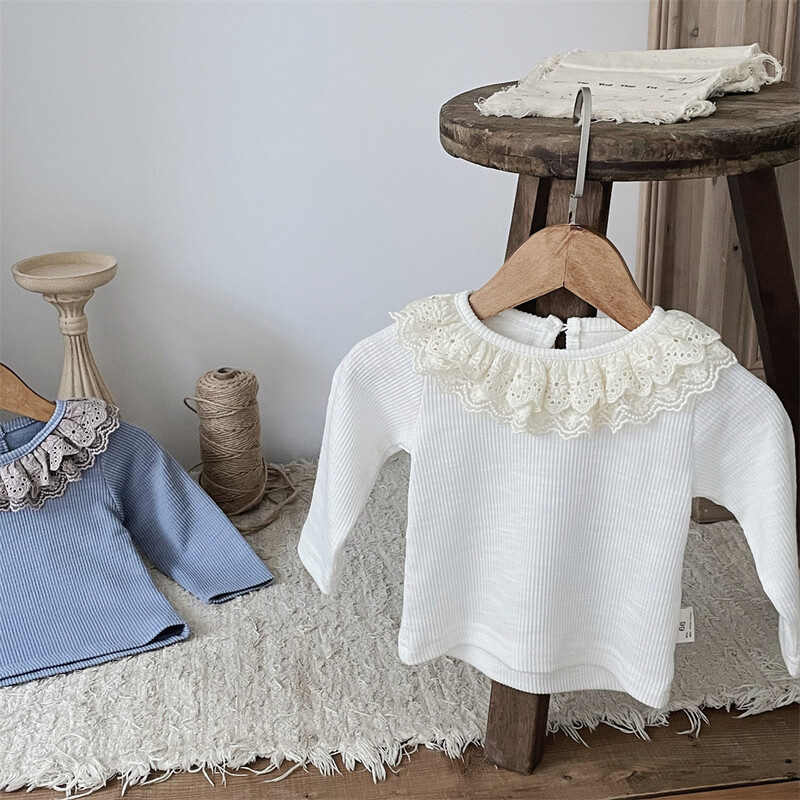 Kislány felsők 24 őszi csecsemő aranyos csipkegallér felső baba lány lótusz levél gallér hosszú ujjú alsó póló