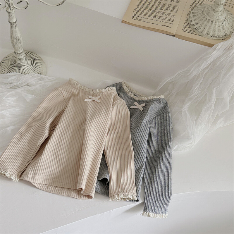 Kislány felsők 24 őszi csecsemő aranyos csipkegallér felső baba lány lótusz levél gallér hosszú ujjú alsó póló