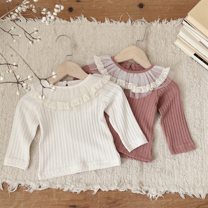 Kislány felsők 24 őszi csecsemő aranyos csipkegallér felső baba lány lótusz levél gallér hosszú ujjú alsó póló