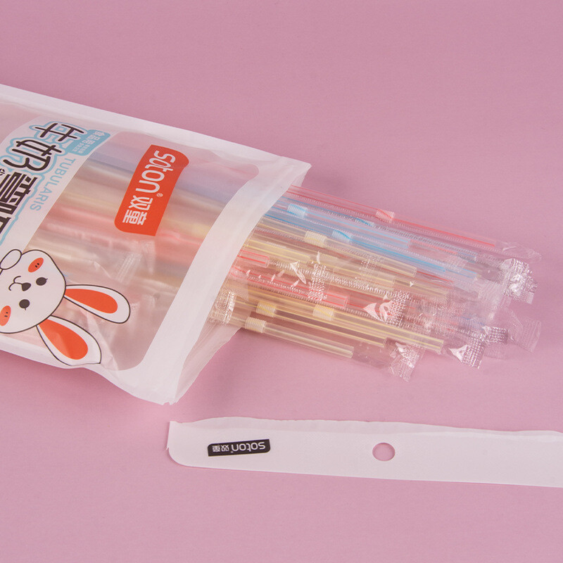 Dvigubi vaikiški šiaudeliai reklamuoja kalcio jogurto pieno gėrimą speciali kola 120vnt didelės pakuotės smailūs lankstomi plastikiniai šiaudeliai