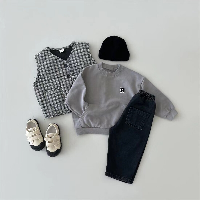 Toddler Boy Casual Letter Φούτερ Φθινοπωρινά απλά χαλαρά άνετα βαμβακερά πουλόβερ με κέντημα με τσέπη Παιδικά μπλουζάκια με όλα τα ταιριαστά