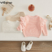VISgogo 0-3 ετών Νεογέννητο πουλόβερ κοριτσάκι Χαριτωμένο βολάν μακρυμάνικο μονόχρωμο πλεκτό πουλόβερ νήπιο Φθινόπωρο Χειμώνας Φαρδιά μπλουζάκια