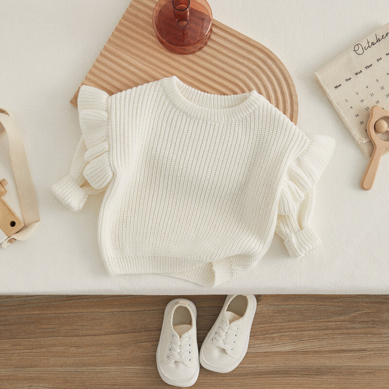 VISgogo 0-3 ετών Νεογέννητο πουλόβερ κοριτσάκι Χαριτωμένο βολάν μακρυμάνικο μονόχρωμο πλεκτό πουλόβερ νήπιο Φθινόπωρο Χειμώνας Φαρδιά μπλουζάκια