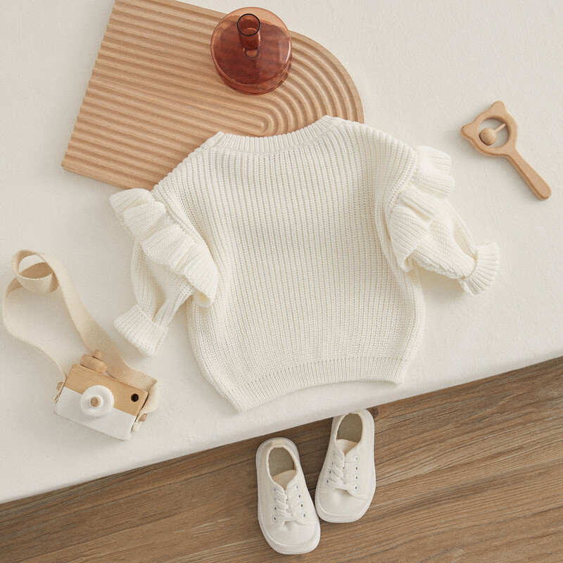 VISgogo 0-3 ετών Νεογέννητο πουλόβερ κοριτσάκι Χαριτωμένο βολάν μακρυμάνικο μονόχρωμο πλεκτό πουλόβερ νήπιο Φθινόπωρο Χειμώνας Φαρδιά μπλουζάκια