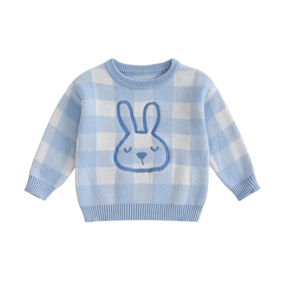Mazuļu zaķu raksta džemperi Lieldienu rūtaini ar garām piedurknēm ar apaļu kaklu, rievoti trikotāžas džemperi