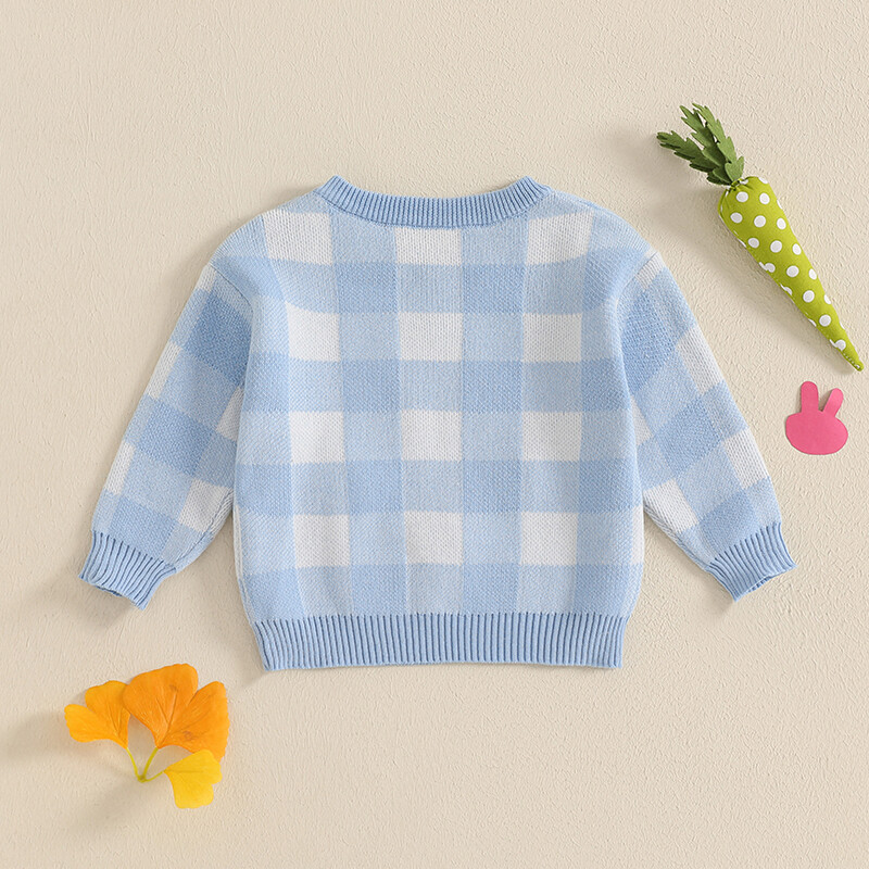 Mazuļu zaķu raksta džemperi Lieldienu rūtaini ar garām piedurknēm ar apaļu kaklu, rievoti trikotāžas džemperi