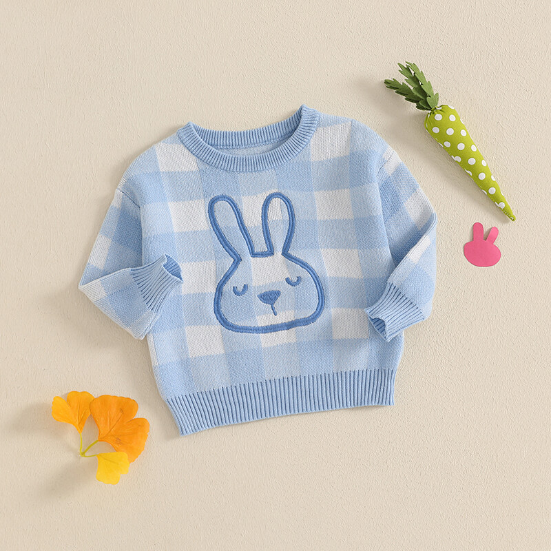 Mazuļu zaķu raksta džemperi Lieldienu rūtaini ar garām piedurknēm ar apaļu kaklu, rievoti trikotāžas džemperi