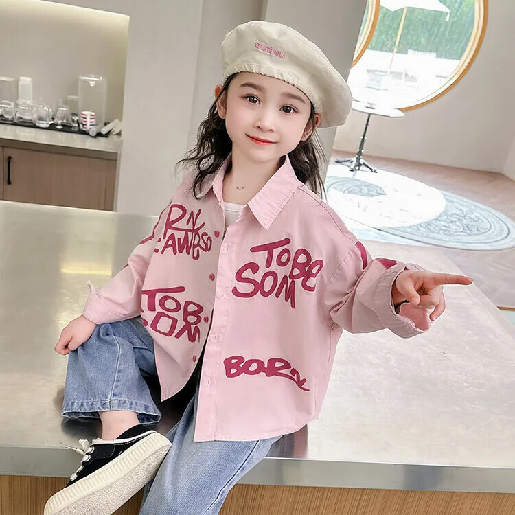 2024. gada pavasaris, jauns sieviešu bērnu krekls ar augšējo burtu apdruku Bērnu apģērbs pavasara sezonā ķīniešu stila brīvi pieguļošs bērnu apģērbs