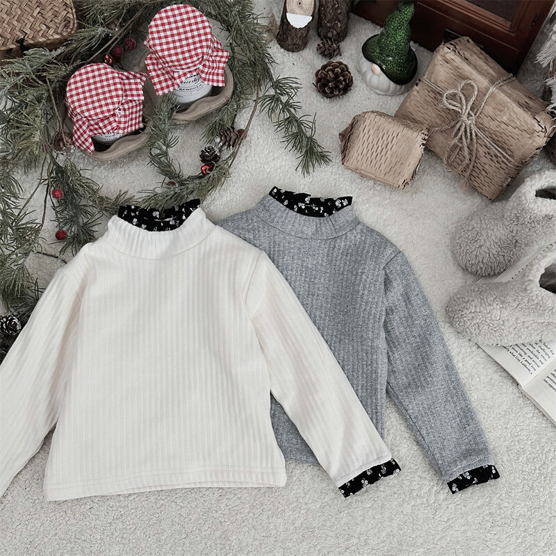 Mazuļu apģērbi 2024. gada ziemas zīdaiņu meitenēm, divslāņu plus flīsa sloksne ar puķainu apakšējo kreklu meitenēm, biezi, silti, garām piedurknēm