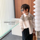 Moderns bērnu 2024. gada pavasara svītrains krekls, brīvi pieguļošs atloka krāsas bloķējošs veste, daudzpusīgs tops zēniem un meitenēm