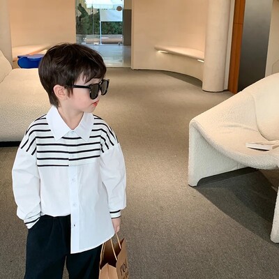 Moderns bērnu 2024. gada pavasara svītrains krekls, brīvi pieguļošs atloka krāsas bloķējošs veste, daudzpusīgs tops zēniem un meitenēm