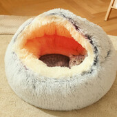 Apaļš kaķu spilvens, daļēji slēgts mājdzīvnieku guļammaiss, garš, mīksts plīša 2 vienā siltās kaķu gultas Vienkārša, komfortabla, silta kucēna guļamvieta