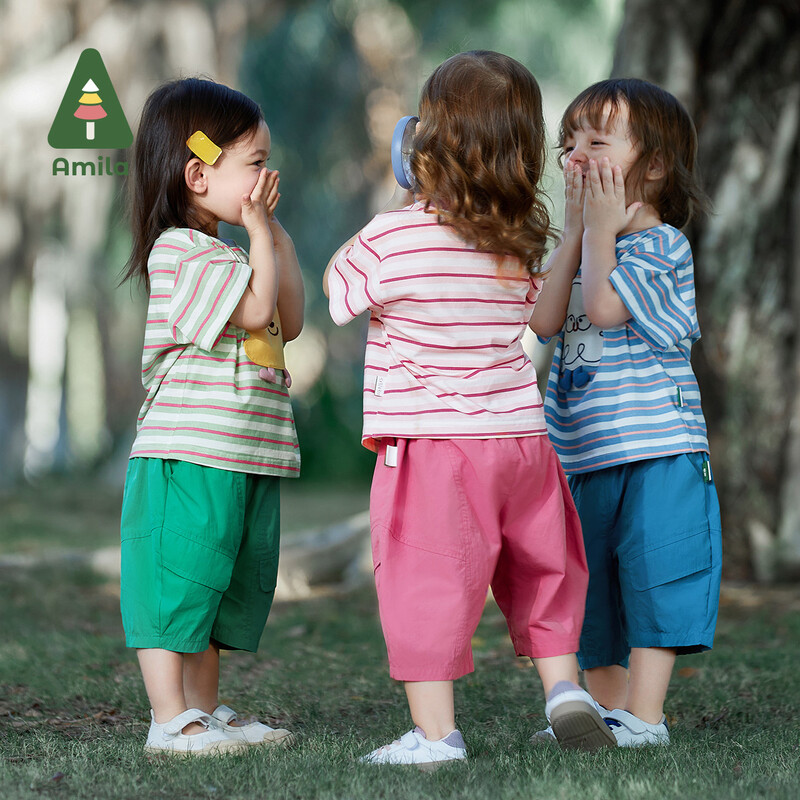 Amila Baby κοντομάνικο μπλουζάκι 2023 Καλοκαίρι Νέο χαριτωμένο κολάζ κινουμένων σχεδίων για αγόρια και κορίτσια Casual ριγέ με στρογγυλή λαιμόκοψη 0-6Y