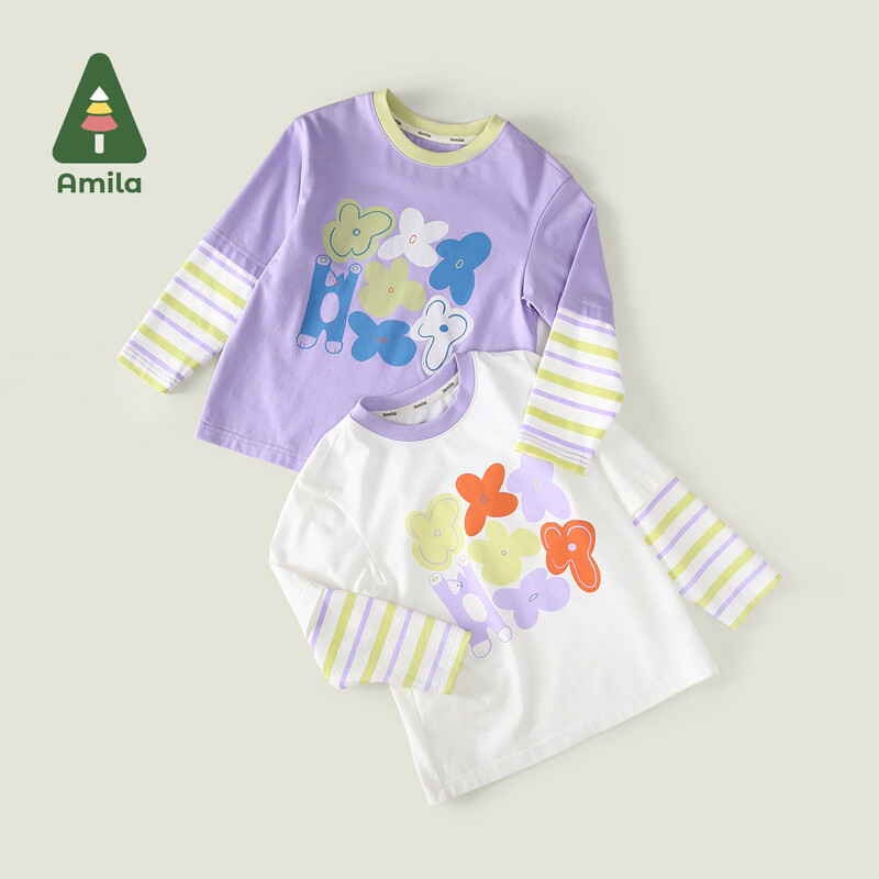 Amila baba póló 2025 tavaszi új egyszínű pamut toldás rajzfilm mintás csíkok légáteresztő puha alkalmi gyerek felső