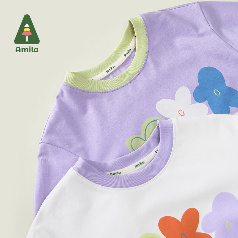 Amila baba póló 2025 tavaszi új egyszínű pamut toldás rajzfilm mintás csíkok légáteresztő puha alkalmi gyerek felső