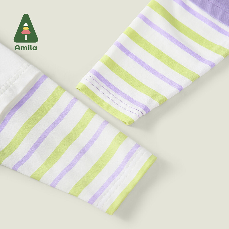 Amila baba póló 2025 tavaszi új egyszínű pamut toldás rajzfilm mintás csíkok légáteresztő puha alkalmi gyerek felső