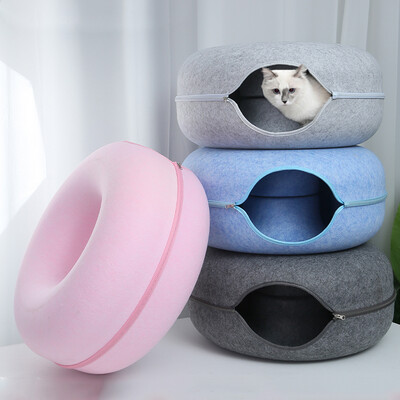 Donut Cat Bed Pet Cat Interaktiivne mäng Mänguasi kassi voodi Kahe kasutusega tunnelvoodi koos vildist mänguasjaga Kingitus väikesele kassipojale jänesele