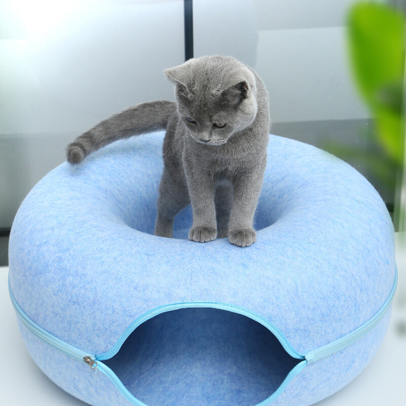 Donut Cat Bed Pet Cat Interactive Game Rotaļu kaķu gulta Divējāda lietojuma tuneļa gulta ar filca rotaļlietu Dāvana mazam kaķēnu trusis