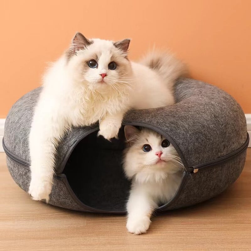 Donut Cat Bed Pet Cat Interactive Game Rotaļu kaķu gulta Divējāda lietojuma tuneļa gulta ar filca rotaļlietu Dāvana mazam kaķēnu trusis