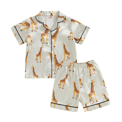 Bērnu meiteņu satīna 2 daļiņu pidžamas komplekts ar celtņa/žirafes apdruku ar īsām piedurknēm, nolaižamiem apkakles topi ar elastīgu jostasvietu, šorti, naktsveļa