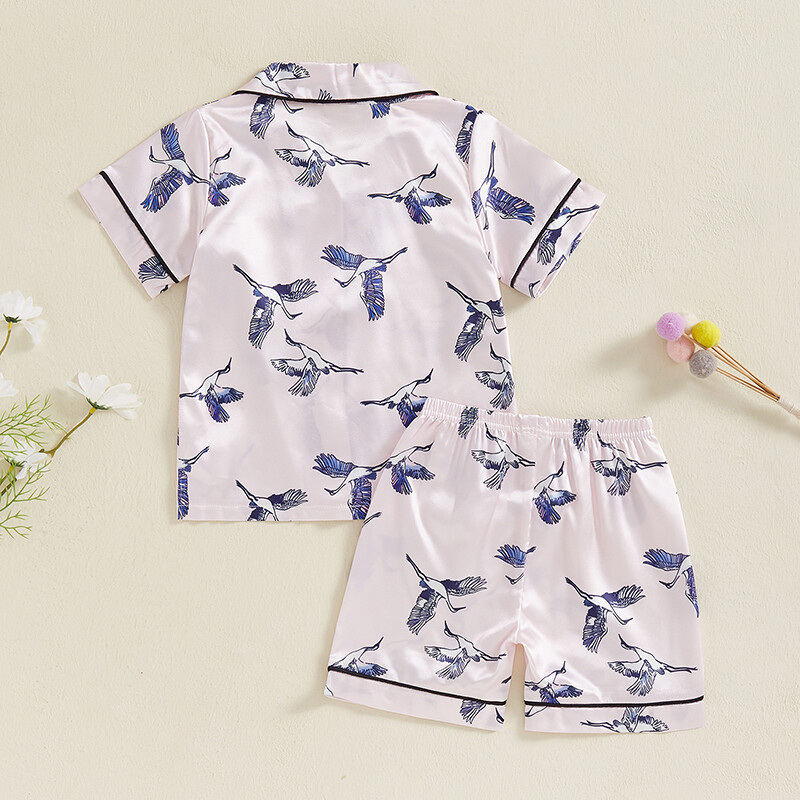 Bērnu meiteņu satīna 2 daļiņu pidžamas komplekts ar celtņa/žirafes apdruku ar īsām piedurknēm, nolaižamiem apkakles topi ar elastīgu jostasvietu, šorti, naktsveļa