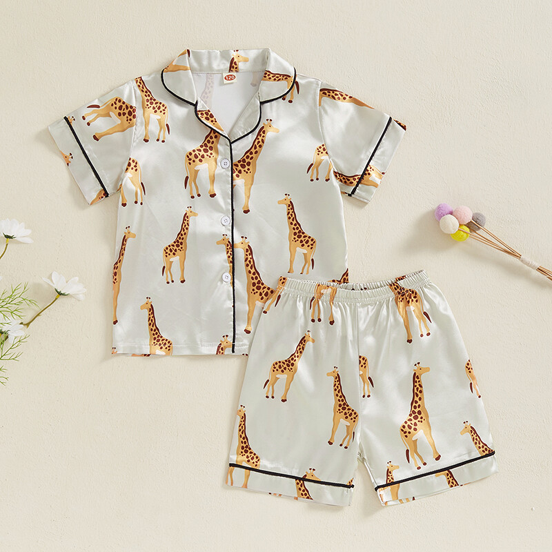 Bērnu meiteņu satīna 2 daļiņu pidžamas komplekts ar celtņa/žirafes apdruku ar īsām piedurknēm, nolaižamiem apkakles topi ar elastīgu jostasvietu, šorti, naktsveļa