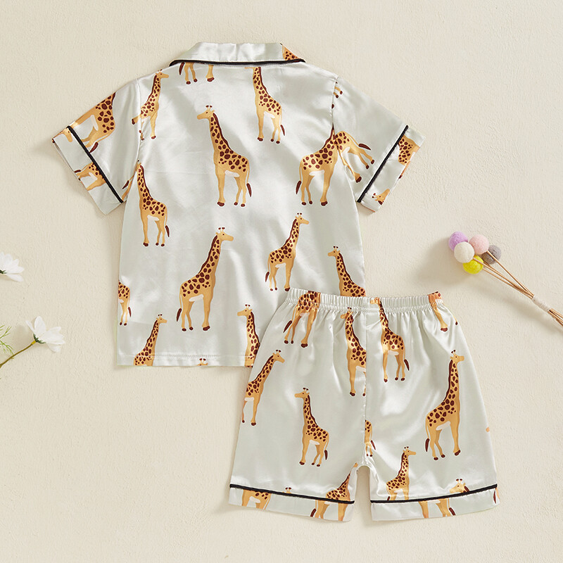 Bērnu meiteņu satīna 2 daļiņu pidžamas komplekts ar celtņa/žirafes apdruku ar īsām piedurknēm, nolaižamiem apkakles topi ar elastīgu jostasvietu, šorti, naktsveļa